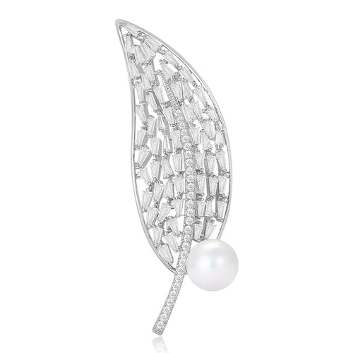 Alloy Leaf Brooch With Zircon And Pearl For Clothing Fastening