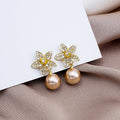 Elegant Rhinestone Flower Stud Drop Earrings With Gold Alloy Petals And Pearl Pendant For Women Summer Earrings view 4