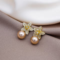 Elegant Rhinestone Flower Stud Drop Earrings With Gold Alloy Petals And Pearl Pendant For Women Summer Earrings view 3