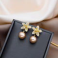 Elegant Rhinestone Flower Stud Drop Earrings With Gold Alloy Petals And Pearl Pendant For Women Summer Earrings view 1