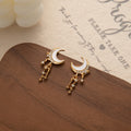 Elegant Gold Alloy Crescent Moon Star Tassel Rhinestone Enamel Stud Drop Fashion Earrings view 3
