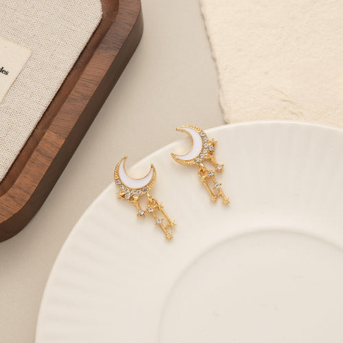 Elegant Gold Alloy Crescent Moon Star Tassel Rhinestone Enamel Stud Drop Fashion Earrings