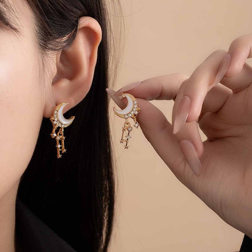 Elegant Gold Alloy Crescent Moon Star Tassel Rhinestone Enamel Stud Drop Fashion Earrings