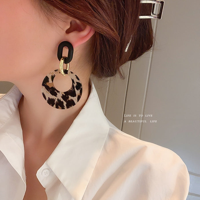Acrylic Leopard Print Geometric Hoop Earrings With Silver Pins, Retro European Style