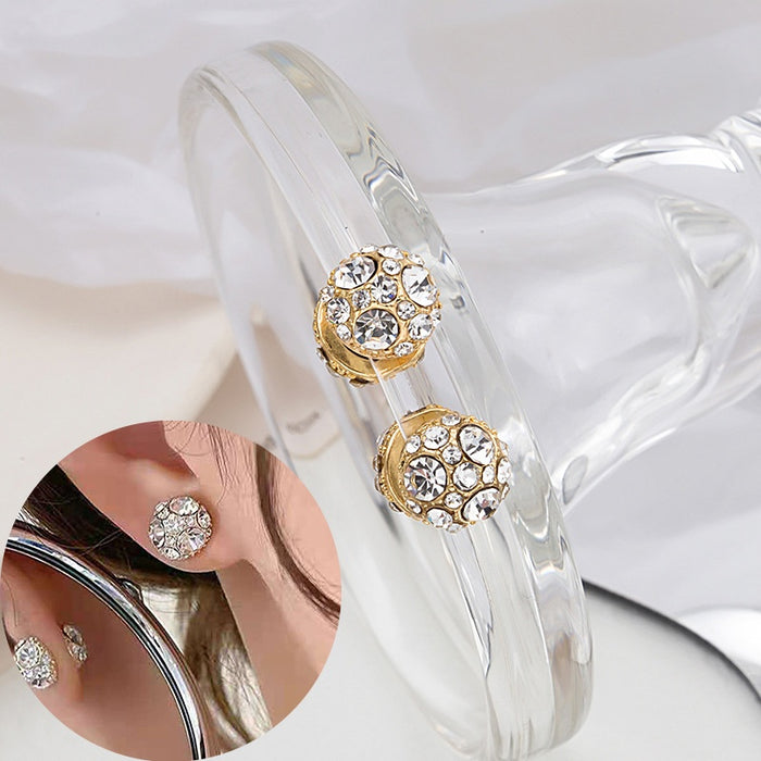 Luxury Magnetic No Piercing Full Rhinestone Round Ball Stud Earrings for Women Elegant Crystal Earrings