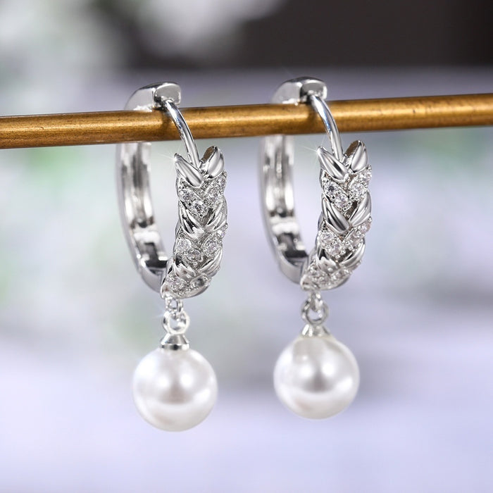 Platinum Plated Zircon Wheat Ear Earrings For Women, Faux Pearl Shell Bead Drop Jewelry