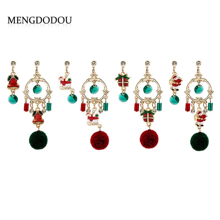 Vintage Christmas Santa Claus Wreath Bell Enamel Rhinestone Alloy Pom Pom Drop Dangle Earrings