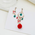 Vintage Christmas Santa Claus Wreath Bell Enamel Rhinestone Alloy Pom Pom Drop Dangle Earrings view 3