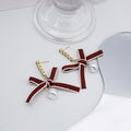 Elegant Korean Lace Ribbon Bow Studs With Rhinestone Chain And Faux Pearl Drop Fashion Earrings view 4