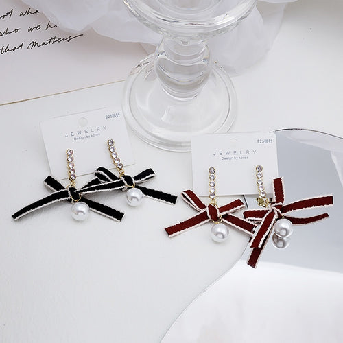 Elegant Korean Lace Ribbon Bow Studs With Rhinestone Chain And Faux Pearl Drop Fashion Earrings