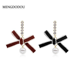 Elegant Korean Lace Ribbon Bow Studs With Rhinestone Chain And Faux Pearl Drop Fashion Earrings