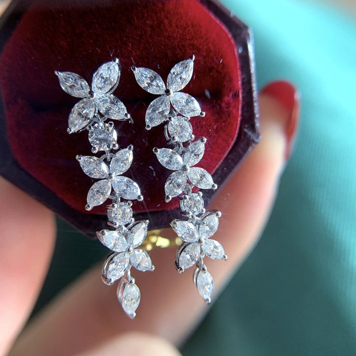 High End Marquise Cubic Zirconia Butterfly Earrings, Sweet Long Flower Drop Earrings For Women