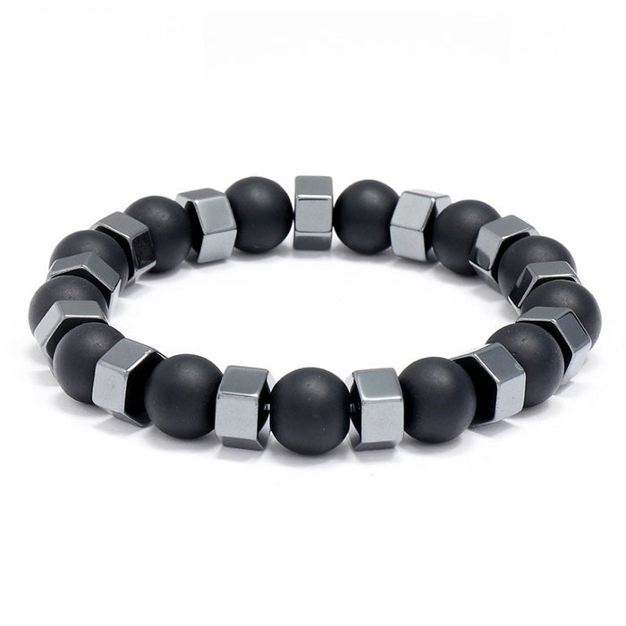 Mens Vintage Black Agate Beaded Elastic Bracelet European American Fashion Accessory Jewelry