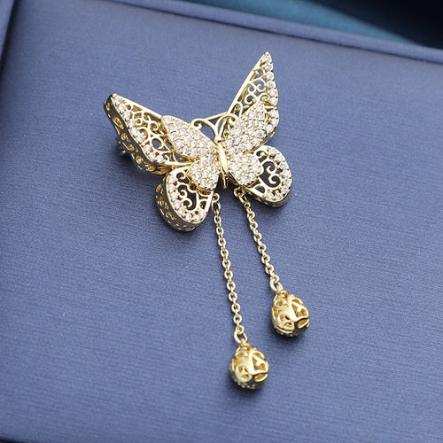 Copper Zircon Butterfly Tassel Brooch Pin For Women's Suit Decoration