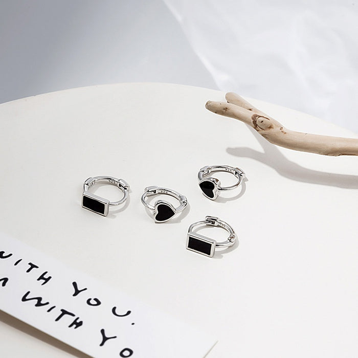 Vintage Black Enamel Heart And Rectangle Geometric Alloy Huggie Hoop Ear Cuff Earrings