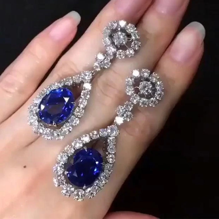 New Women Earrings With Sapphire Blue Zircon Inlay Long Drop Earrings For Anniversary Celebration