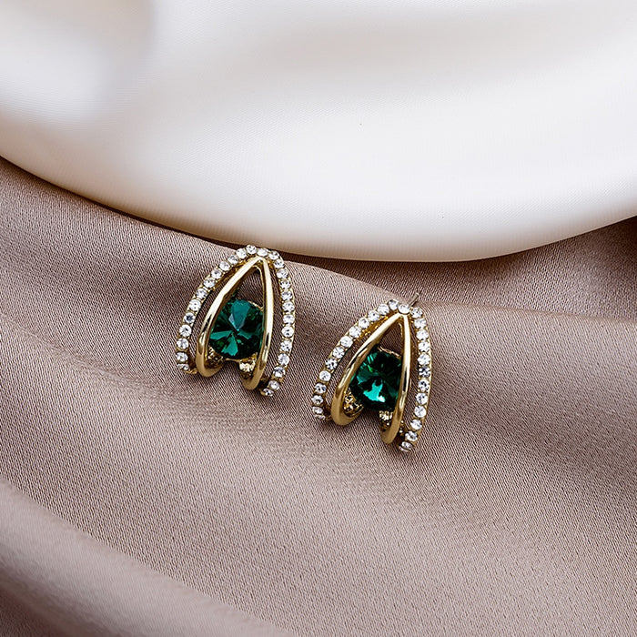 Elegant Green Crystal Teardrop Stud Earrings With Gold Alloy Frame And Rhinestone Halo Luxury Earrings