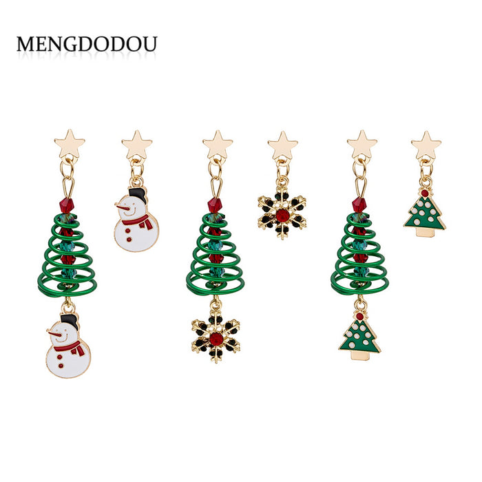 Elegant Asymmetric Spiral Christmas Tree Snowman Enamel Crystal Alloy Star Stud Drop Earrings