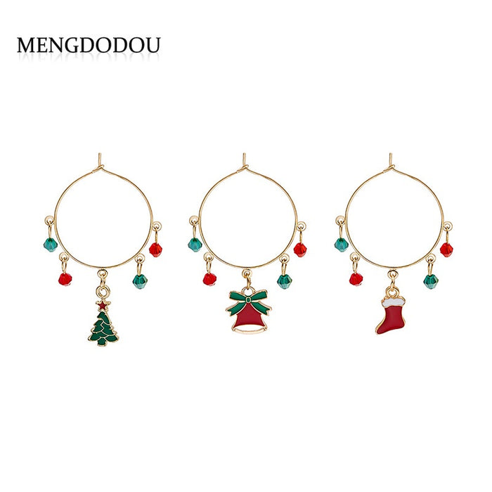 Vintage Christmas Alloy Hoop Dangle Set With Enamel Tree Bell Stocking Charms And Crystal Bead Tassel Earrings