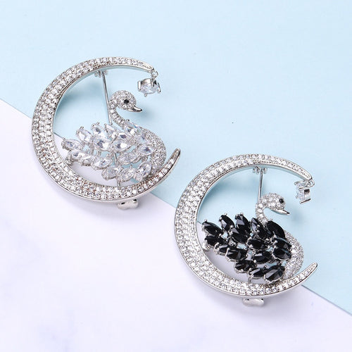 Alloy Crystal Swan Moon Brooch For Coats And Jackets