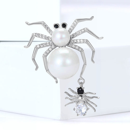 Alloy Pearl Zircon Spider Brooch Pin For Halloween Lapels