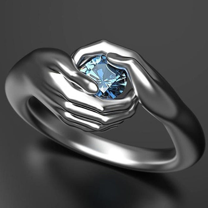 Vintage Punk Double Hands Hug Blue Zircon Copper Ring Halloween Gift For Women