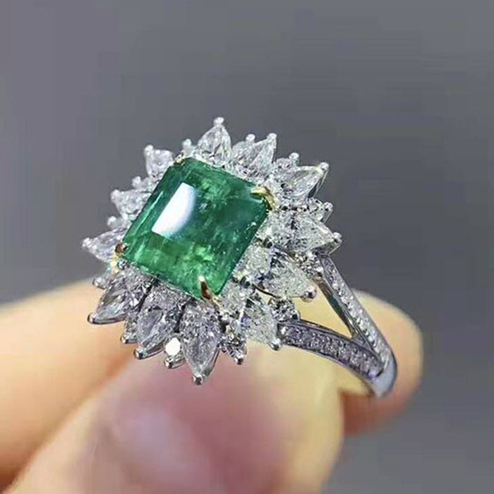 Luxury Square Full Zircon Inlaid Emerald Green Ring Hand Jewelry