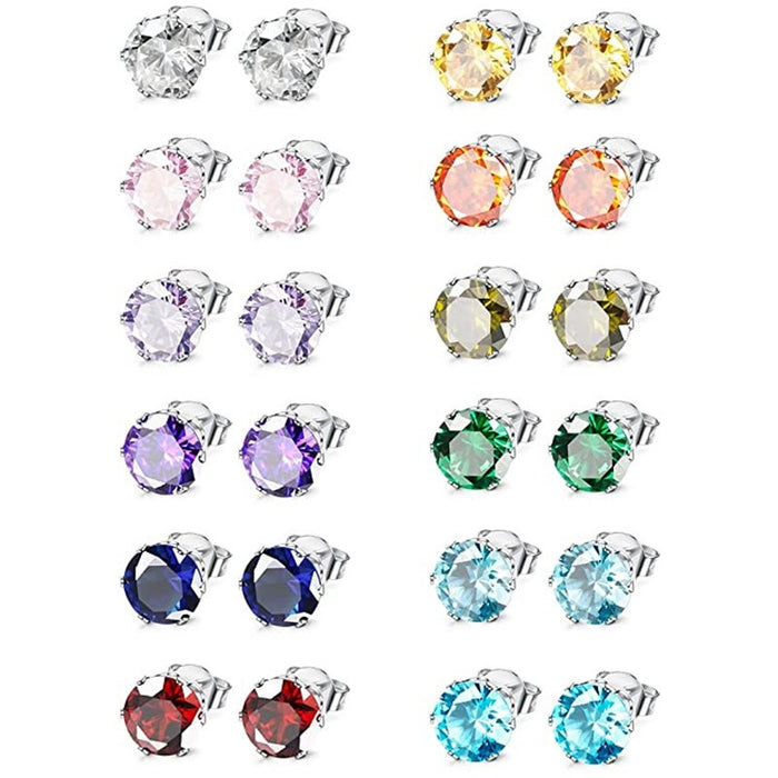Classic Six Prong Multicolor Zircon Stud Earrings Unisex Mini Color Gemstone Ear Jewelry