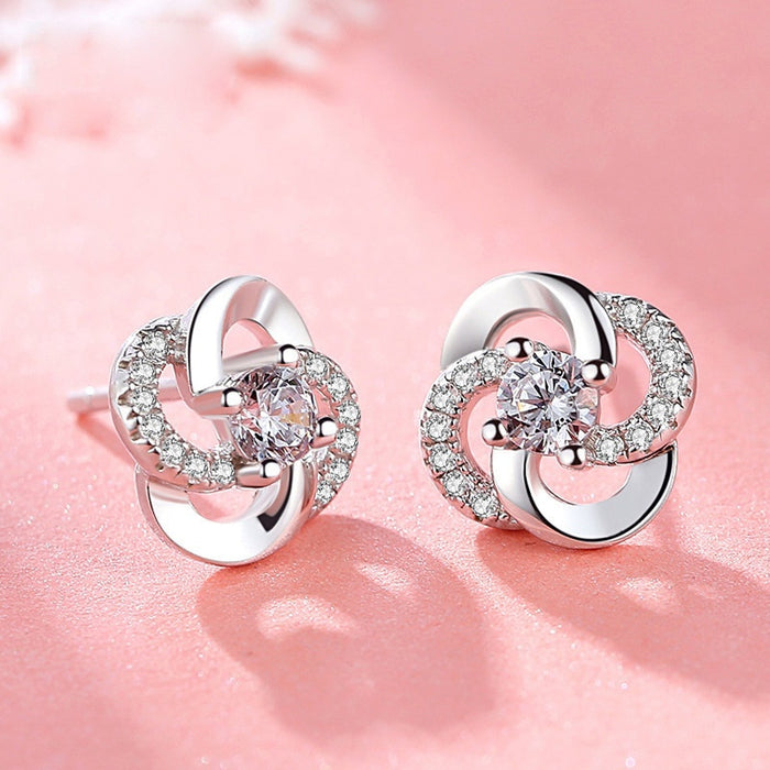 Sweet Floral Zircon Stud Earrings For Women, Rotating Flower Ear Jewelry