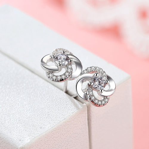 Sweet Floral Zircon Stud Earrings For Women, Rotating Flower Ear Jewelry