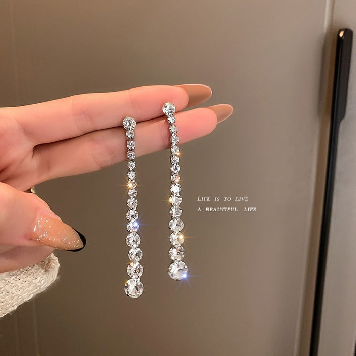 Alloy Rhinestone Tassel Long Drop Earrings, Elegant Versatile Statement Design