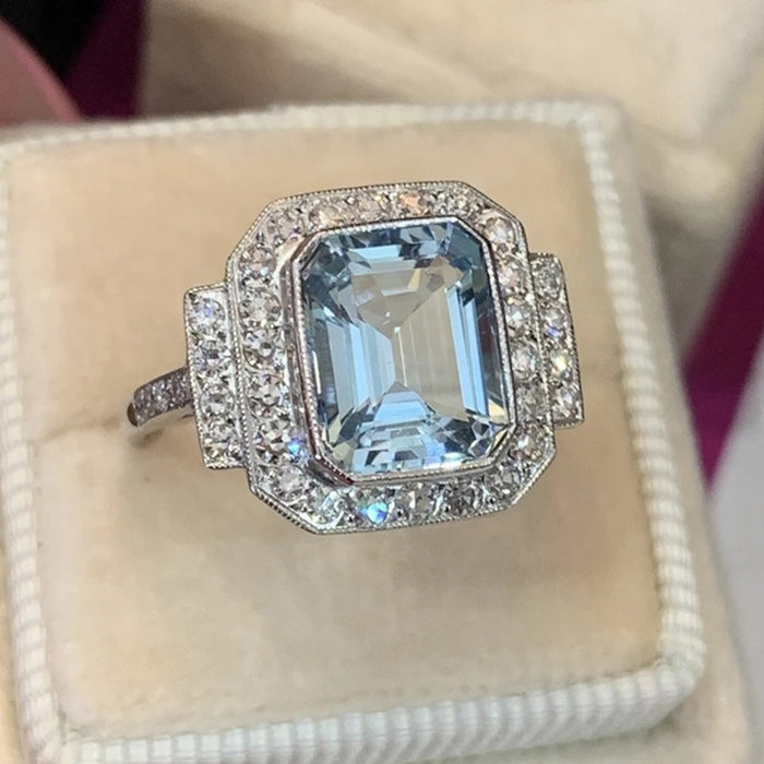 Luxury Square Aquamarine Zircon Ring European Style High End Anniversary Jewelry