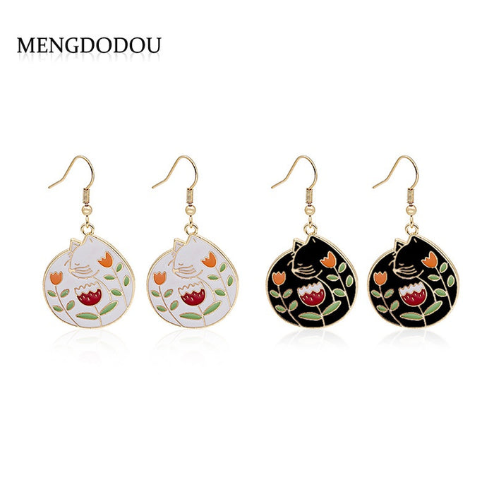 Vintage Black White Cat Floral Rose Enamel Alloy Drop Hook Earrings For Women Creative Cartoon Earrings