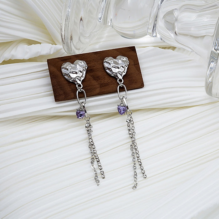 Silver Alloy Heart Purple Zircon Chain Tassel Studs For Women Elegant Face Slimming Drop Earrings