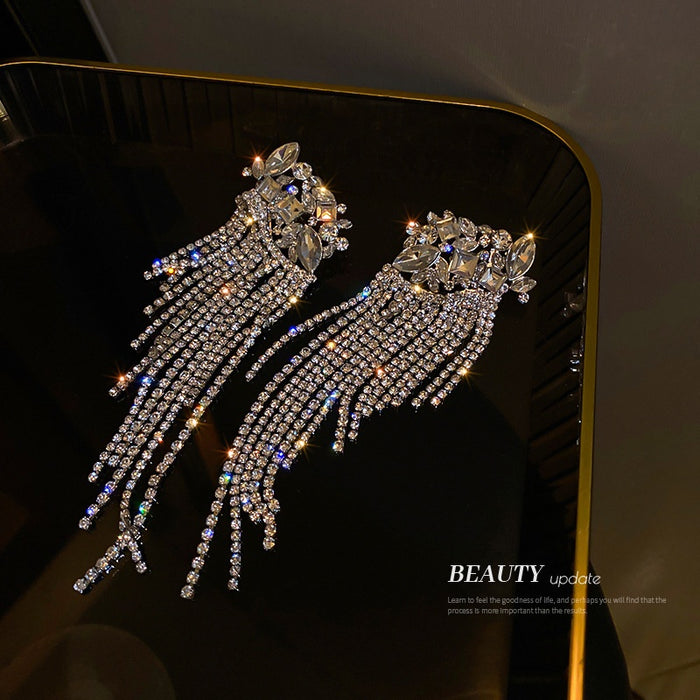 Alloy Rhinestone Flower Tassel Drop Earrings For Women European American Statement Light Luxury Style