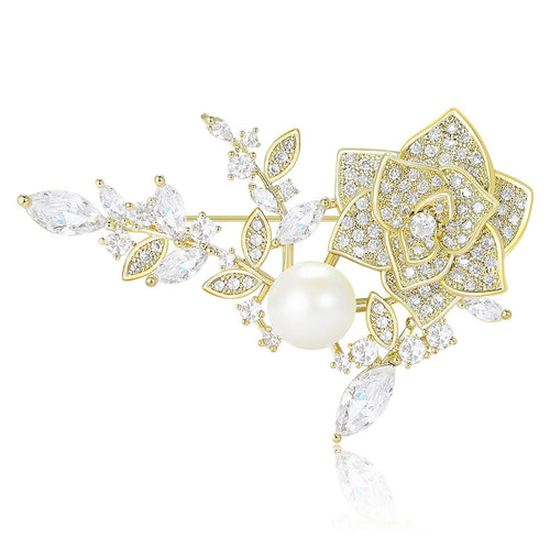 Gold Plated Alloy Rose Brooch Pin With Zircon And Pearl