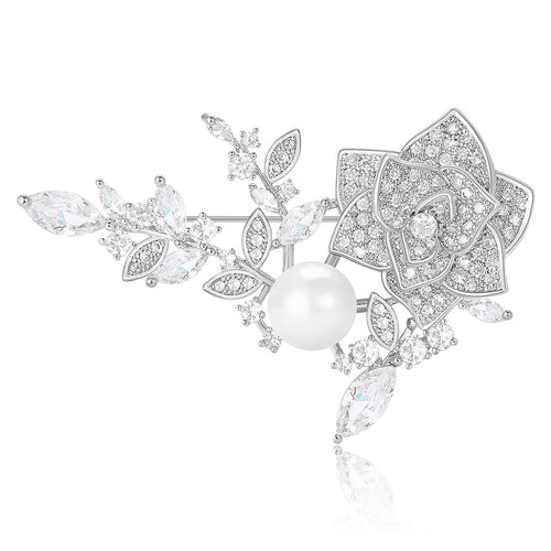 Gold Plated Alloy Rose Brooch Pin With Zircon And Pearl
