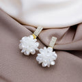 Elegant Korean Rhinestone Gold Alloy Bar White Acrylic Pearl 3D Floral Blossom Drop Stud Earrings view 1