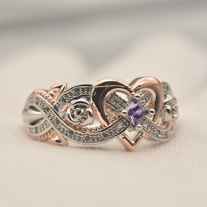 Rose Flower Princess Cut Zircon Ring, European Heart Shape Rose Gold Two Tone Women's Finger Jewelry