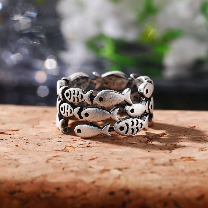Vintage Distressed Wide Three Layer Small Fish Ring Cute Index Finger Jewelry For Women