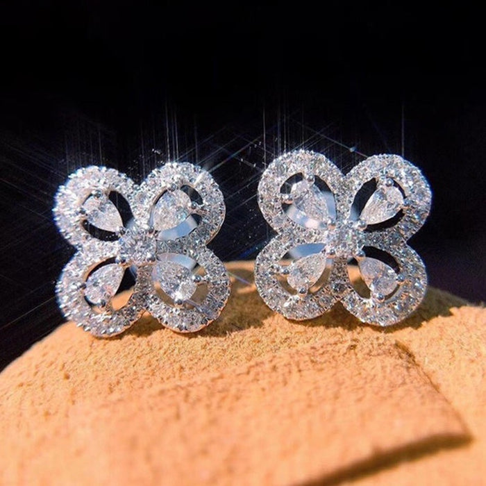 Classic Four Leaf Clover Full Zircon Stud Earrings Micro Pave Flower Fashion Ear Jewelry