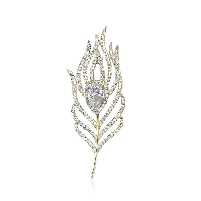 Copper Zircon Feather Brooch For Luxury Women's Clothing Decoration