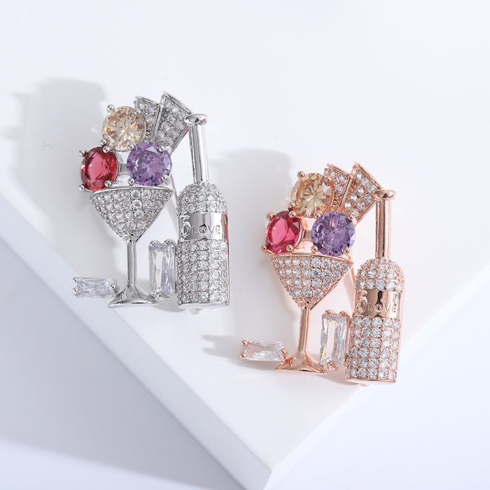 Alloy Zircon Cocktail Glass Brooch Pin For Fashion Lapel Decoration