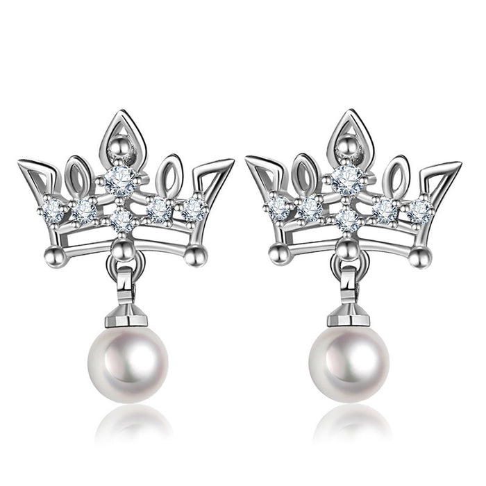 Court Style Crown Cubic Zirconia Earrings For Women Faux Pearl Rose Gold Drop Earrings