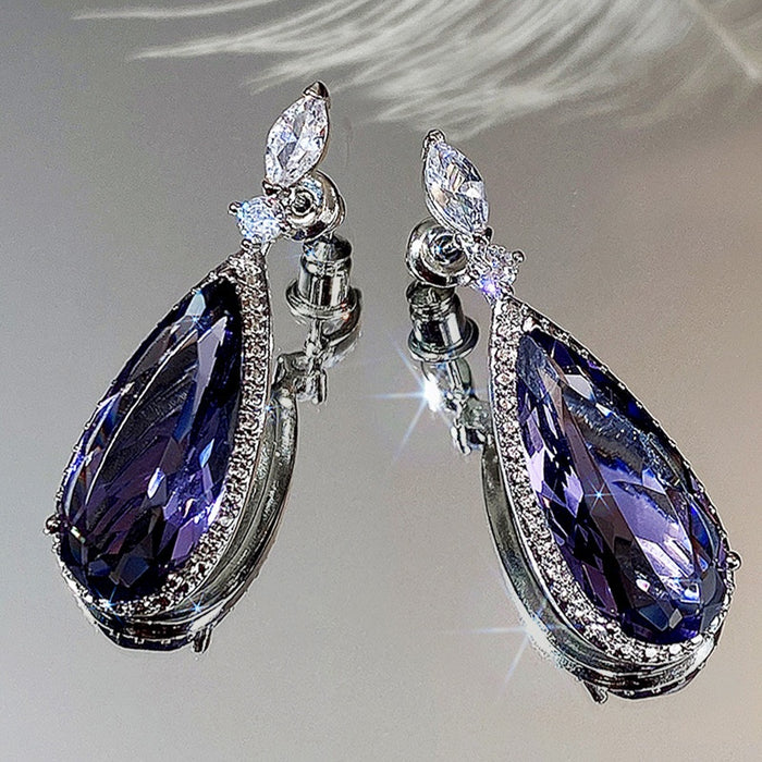 Classic Teardrop Earrings With Purple Micro Pave Zircon Long Bridal Dangle Earrings For Women