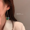 Korean Style Alloy Heart Emerald Crystal Rhinestone Long Tassel Drop Earrings view 2