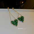Korean Style Alloy Heart Emerald Crystal Rhinestone Long Tassel Drop Earrings view 3