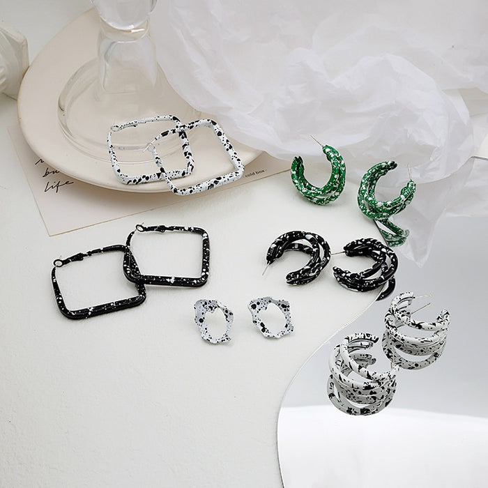 Vintage Cow Spot Acrylic Geometric Hoop Irregular Oval Multi Layer C Shape Statement Earrings