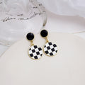 Vintage Korean Checkered Enamel Heart Stud Drop Earrings With Silver Needle And Alloy Gold Trim Earrings view 2