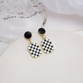 Vintage Korean Checkered Enamel Heart Stud Drop Earrings With Silver Needle And Alloy Gold Trim Earrings view 3